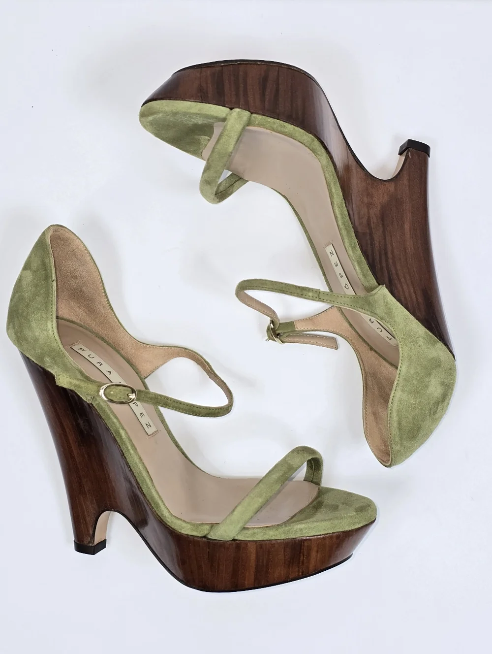 Pura Lopez Green Suede Countour Wood Wedge Platform Sandals Ankle Strap 38 - Picture 4 of 14